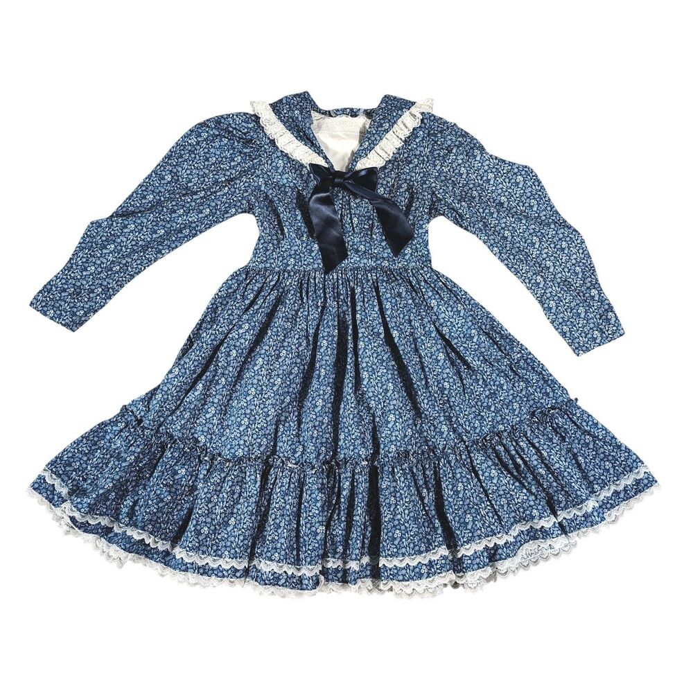 Vtg Mini World Prairie Dress Size 8 Blue Ditsy Floral Ruffle Lace Cottage Utah - Picture 1 of 11
